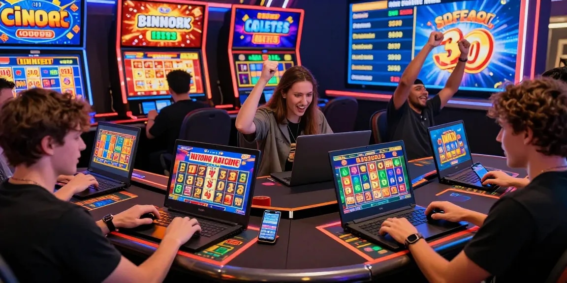 Excited players enjoying ngamenjitu online lottery and slot games in a vibrant digital atmosphere