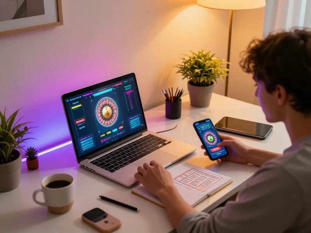 Engaging online gaming scene showing a player at https://www.dacsandatphanrang.com/ enjoying roulette with a laptop and smartphone in cozy home.