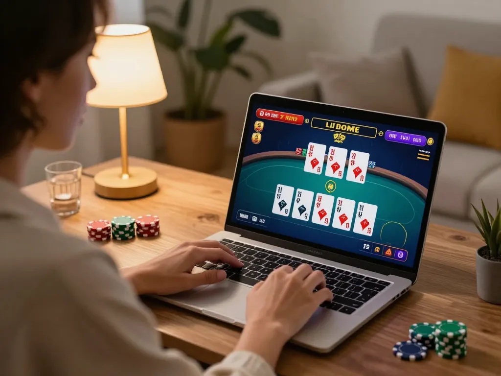 iWin player enjoying live casino action on laptop in a cozy yet stylish home setup, engaged in strategic gameplay.