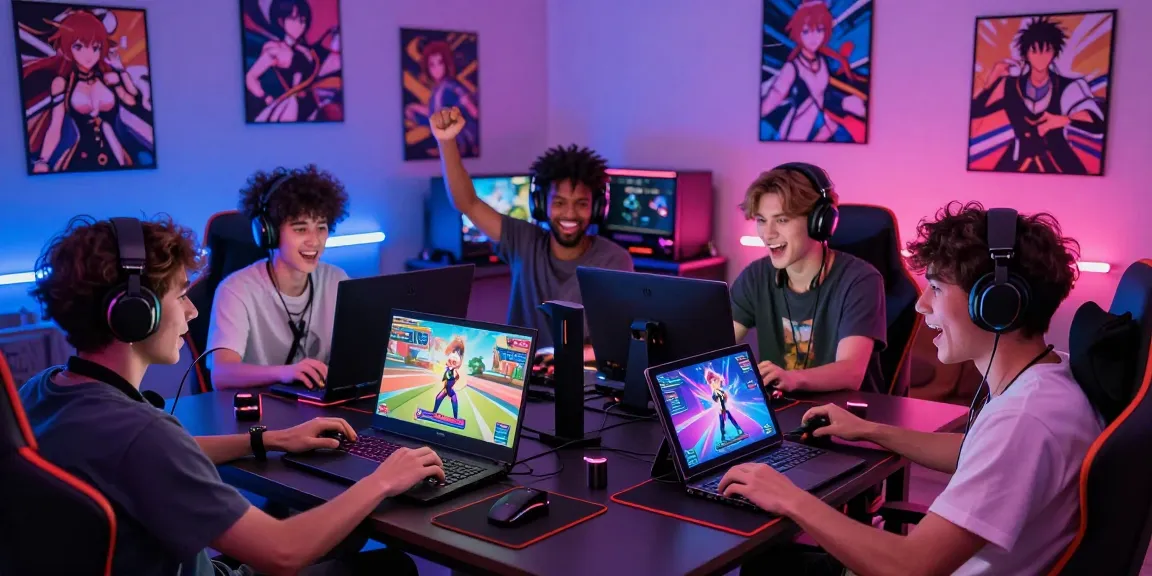 Gamers enjoying gay hentai games in a vibrant gaming room with colorful screens and cozy atmosphere.
