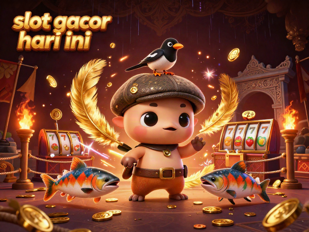 Gambar ilustrasi ceria tentang slot gacor hari ini dengan karakter kartun dan elemen kasino