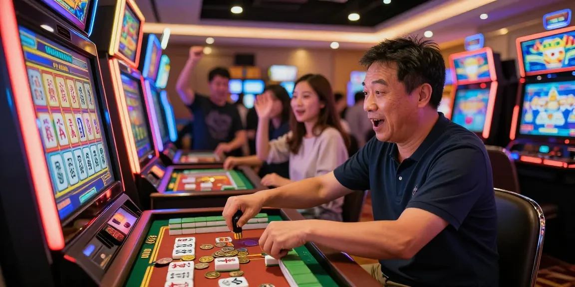 Pengguna bermain mesin slot mahjong dengan penuh semangat di kasino, dikelilingi oleh suasana meriah.
