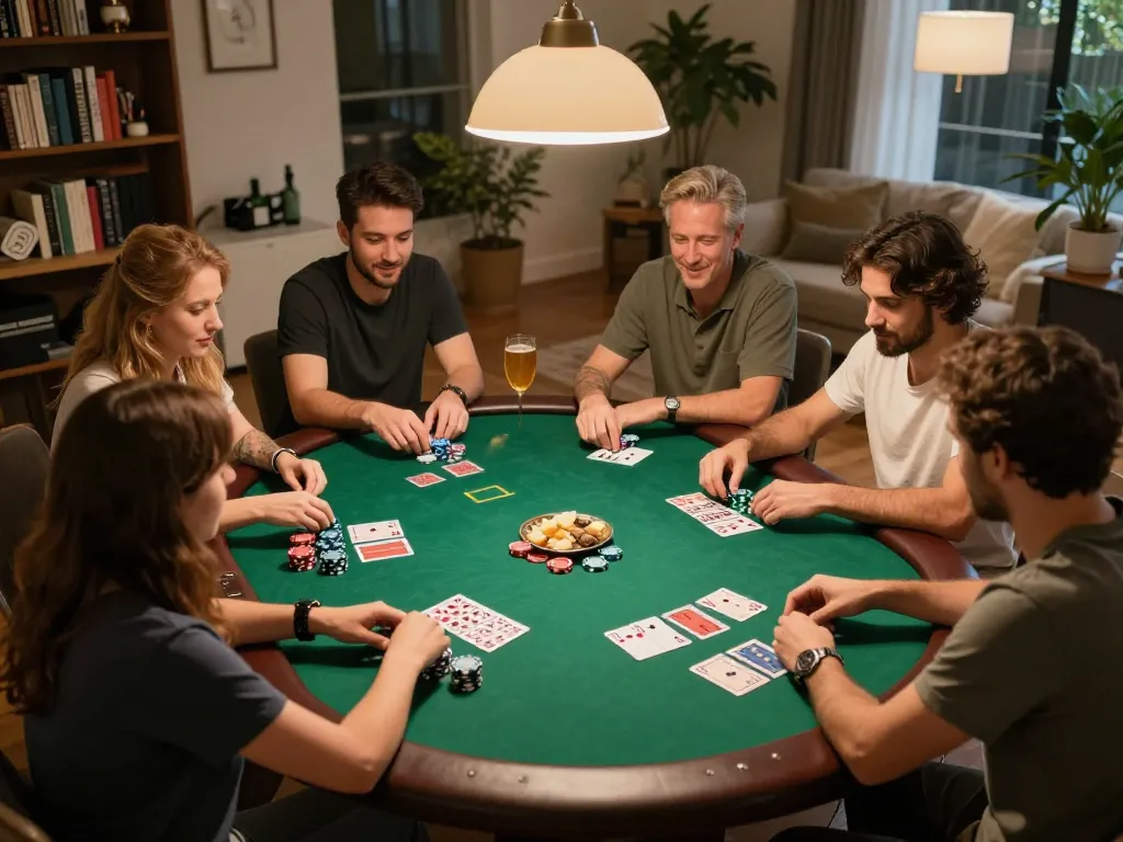 Friends enjoying a strategic poker game at home, reflecting the excitement of uu88.