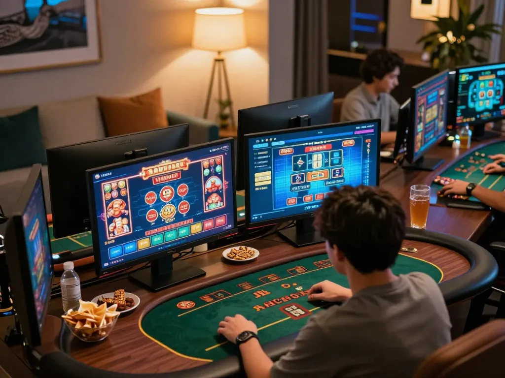 Engaged user exploring mantra88 online casino games on dual screens with snacks, creating a vibrant gaming atmosphere.