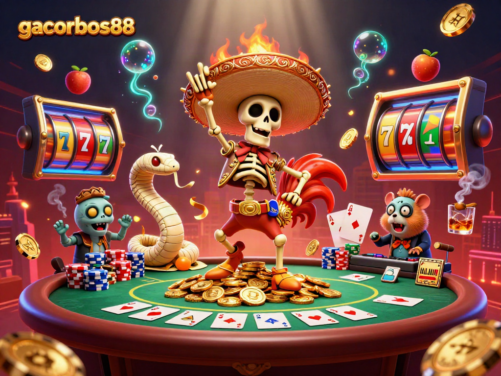 Experience gacorbos88 with a lively 3D illustration of a victorious mariachi rooster dancing amidst casino treasures.