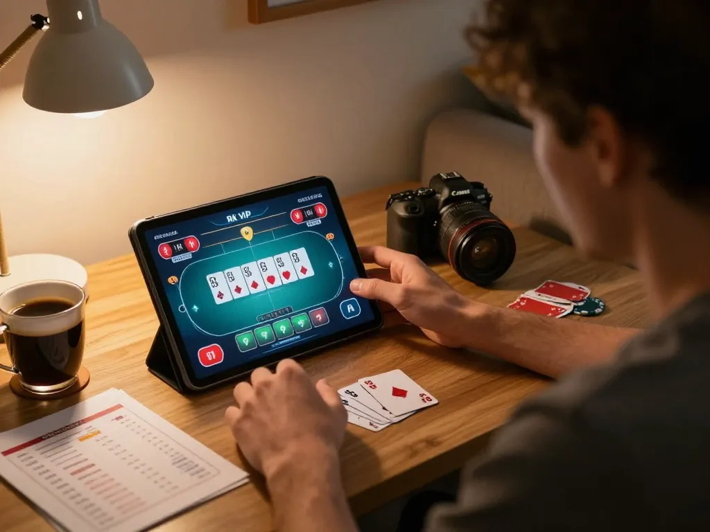 Player enjoying poker on Rik VIP online gaming platform in cozy home setting