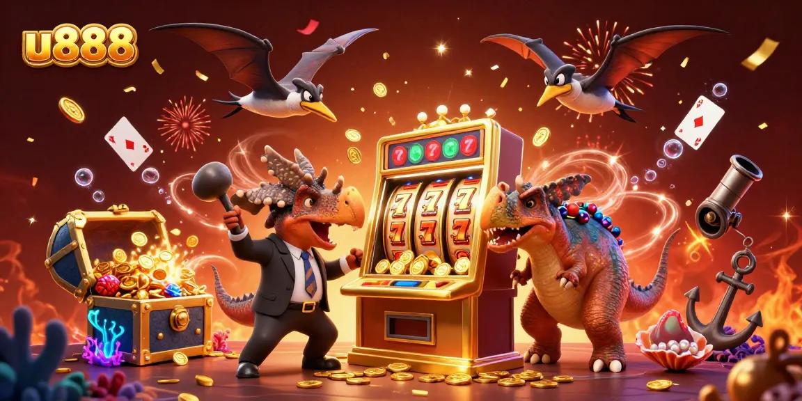 u888 gaming scene with cartoon dinosaurs and slot machines showcasing vibrant casino excitement