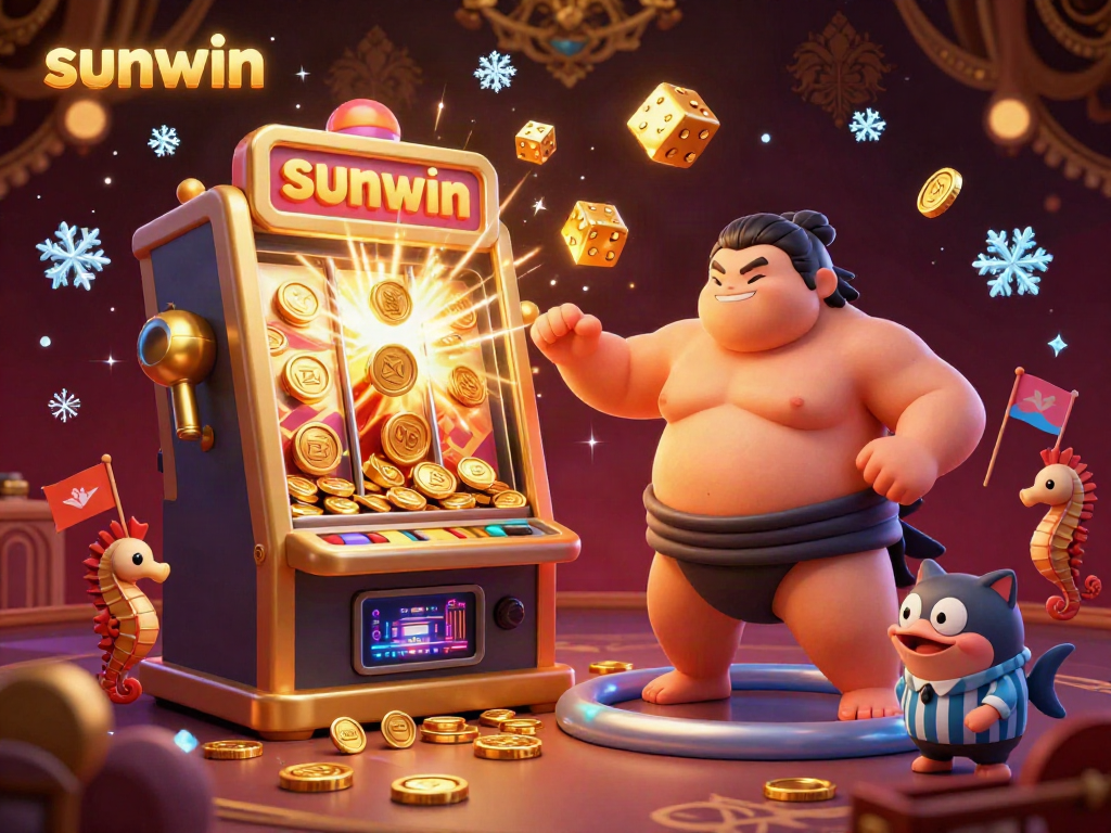 Experience the excitement of sunwin in this vibrant underwater casino scene featuring a cartoon fugu and jackpot symbols.