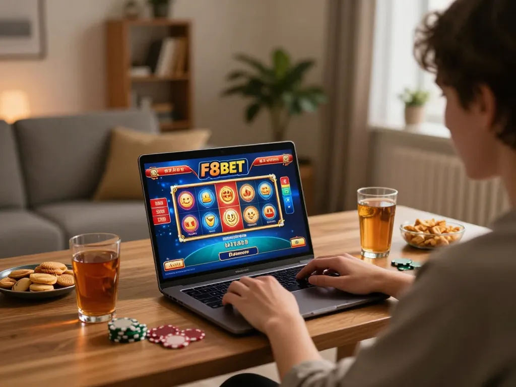 Engaged player enjoying F8bet online casino games on a laptop in a cozy home setting.