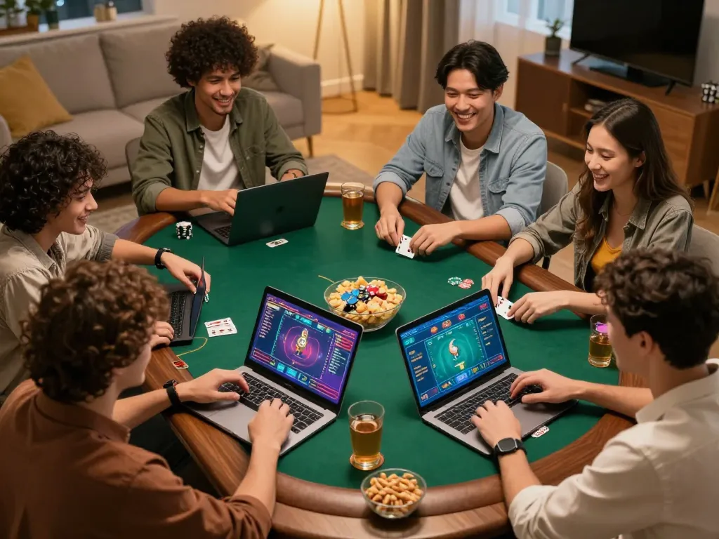 F168 players engaging in a lively poker game at home with snacks and drinks.