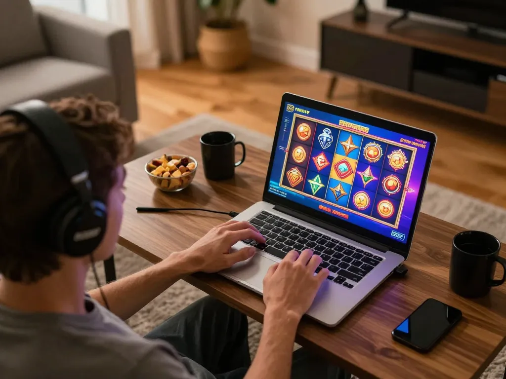 Engaging gameplay on mantra88 slot interface from a cozy home gaming setup, highlighting user experience