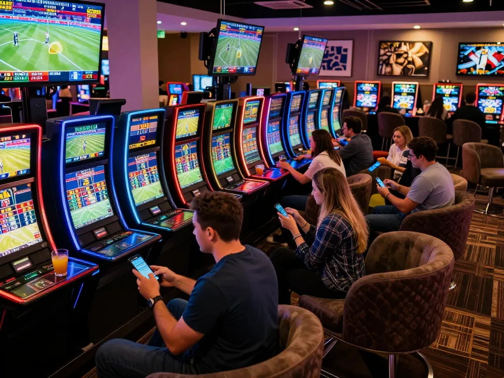 View of open888 sports betting lounge with patrons engaged in live betting and discussions.