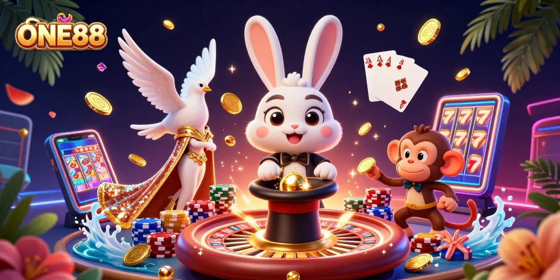 ONE88 brings excitement to players with a vibrant 3D casino scene featuring a magical rabbit and a monkey.