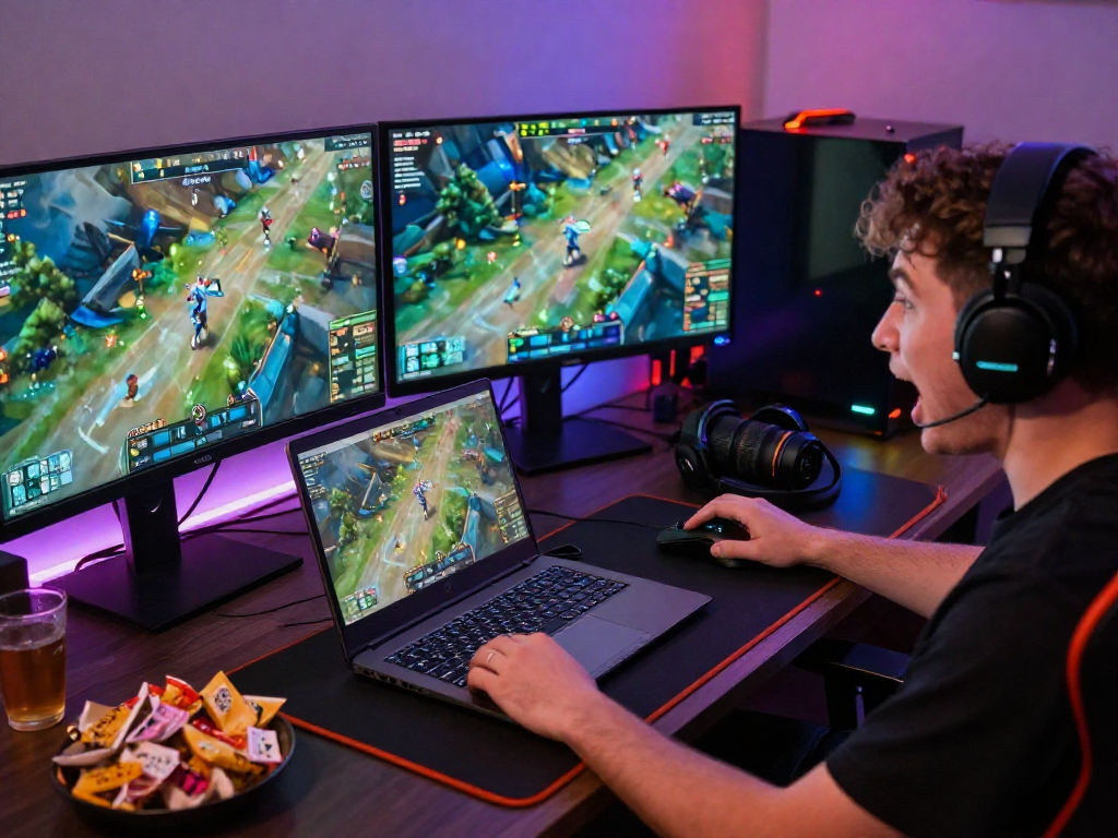 Player enjoying MPOCASH blog gaming experience with laptop, headset, and vibrant lighting