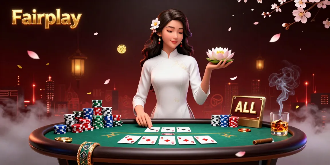 Experience Fairplay casino action with vibrant poker elements and an elegant Vietnamese character.
