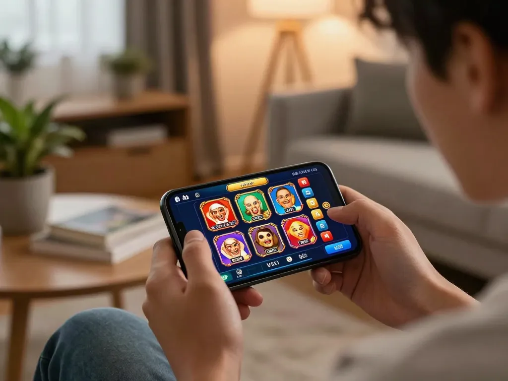 Engaging with the link gg88 app for online gambling on a smartphone in a cozy home setting.