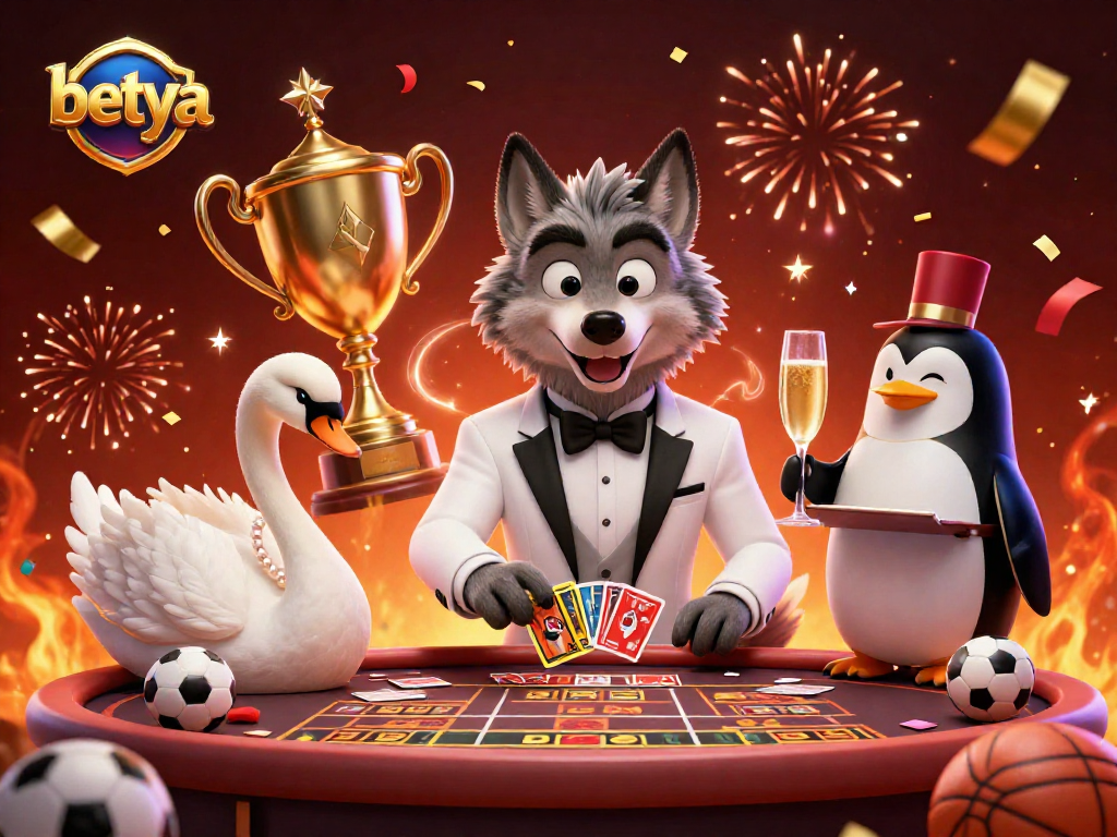 Betya showcases an exciting scene with a wolf, swan, and penguin at a vibrant basketball betting table.