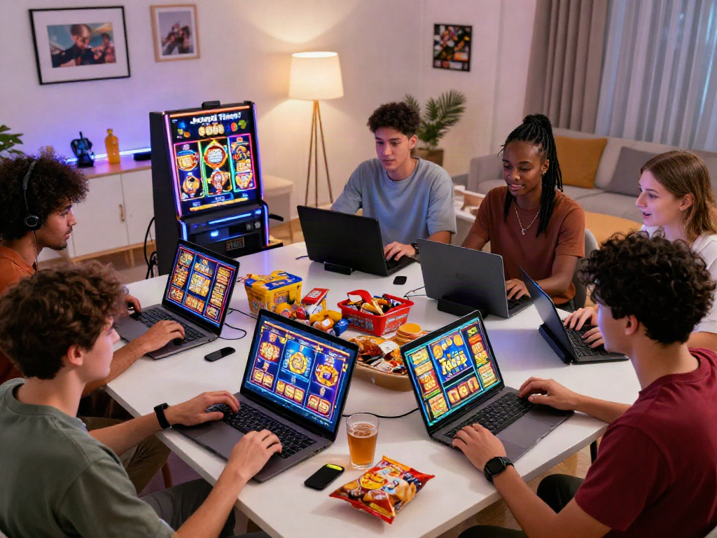 A lively group playing slot games on laptops and phones in a cozy living room.
