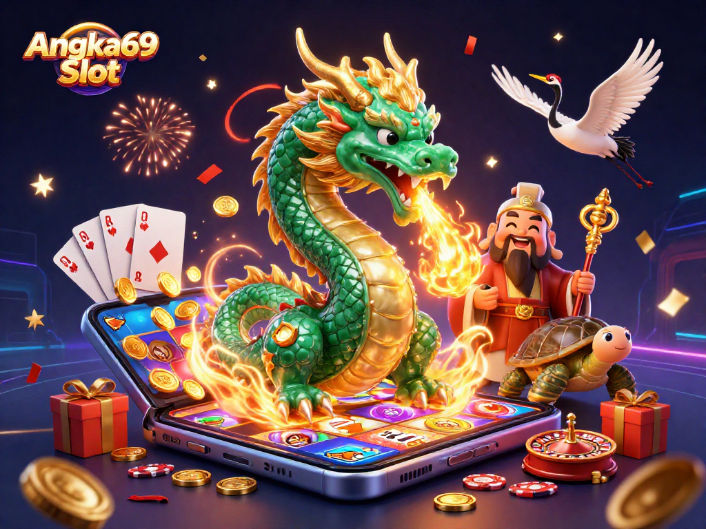 Experience Angka69 Slot with a dynamic illustration featuring a dragon, sage, and cranes in a casino-themed scene.