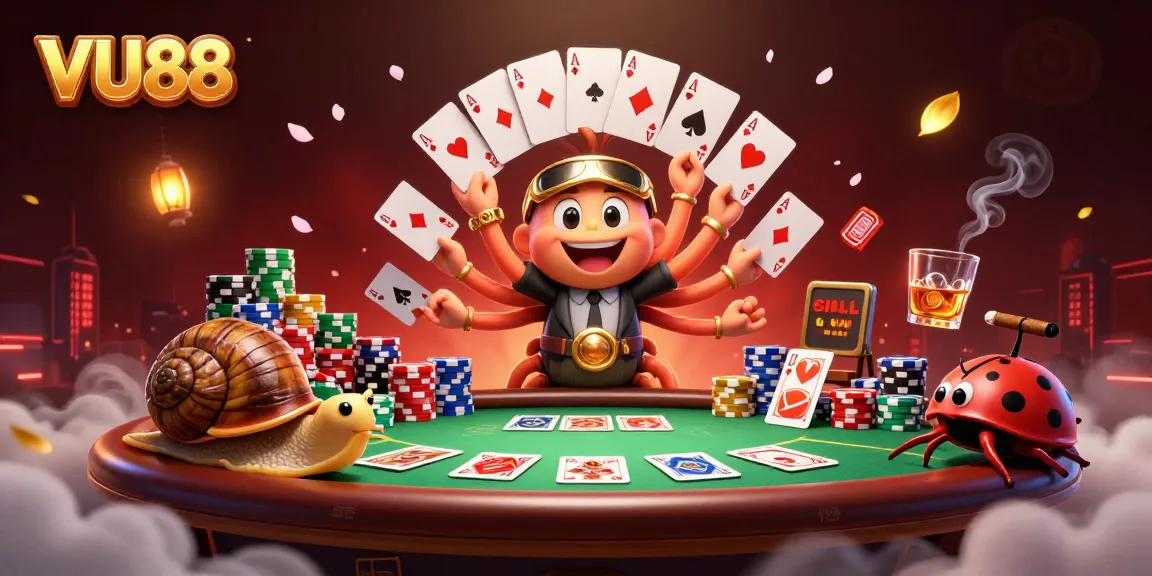 Experience VU88's lively casino scene with a 3D millipede dealer and vibrant poker elements.