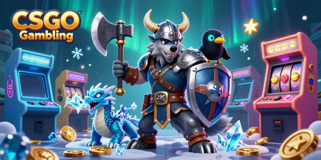 Viking wolf warrior and dragon scene showcasing CSGO Gambling with arcade game machines and glowing elements.