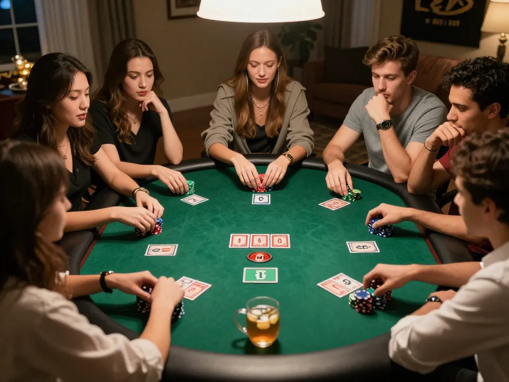 Friends enjoying a strategic U888 poker night with community cards and stacked chips.