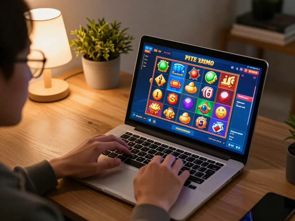 Engaging with a Slot Demo on a laptop in a cozy home office environment, illustrating modern online gaming