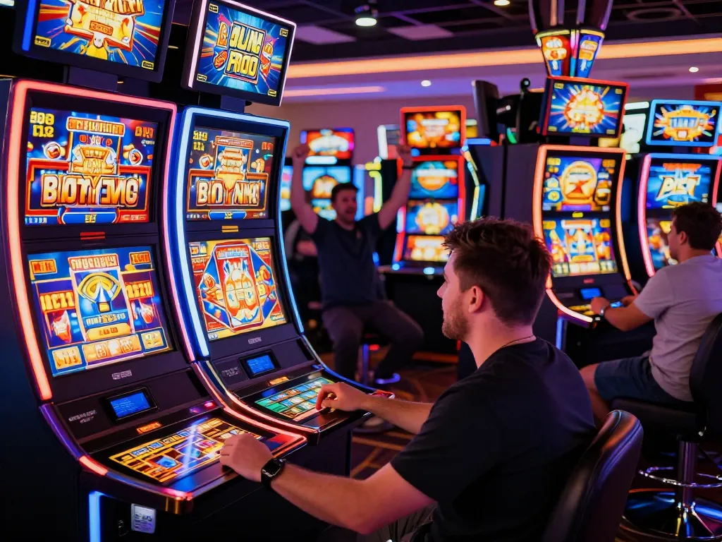 Pemain menikmati permainan slot situs gacor di kasino yang semarak dengan mesin yang berwarna-warni dan kerumunan yang bersorak.