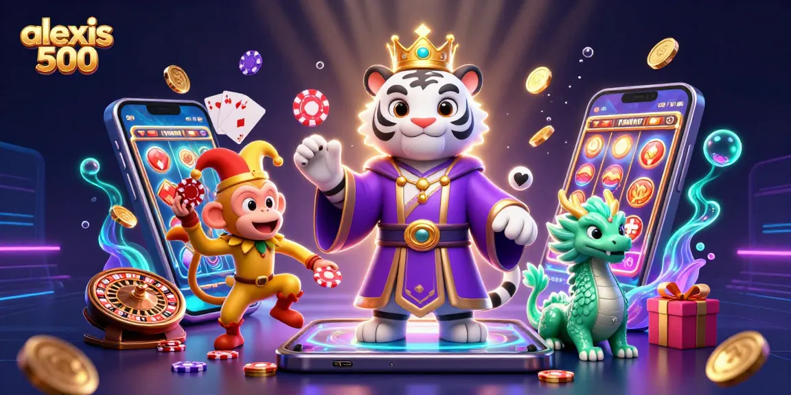 Engage in exciting gameplay with alexis 500, featuring a majestic tiger, a joyful monkey juggling chips, and a dragon, combining slots and casino fun.
