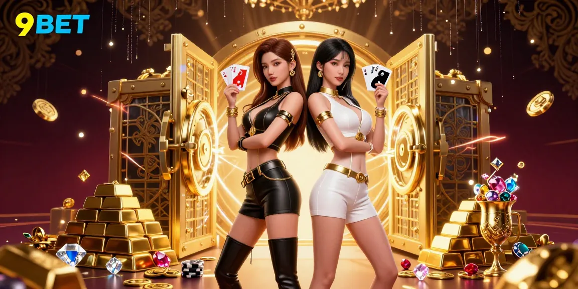 Engage with the excitement of 9BET as twin Asian women display their card prowess amidst shimmering casino treasures.