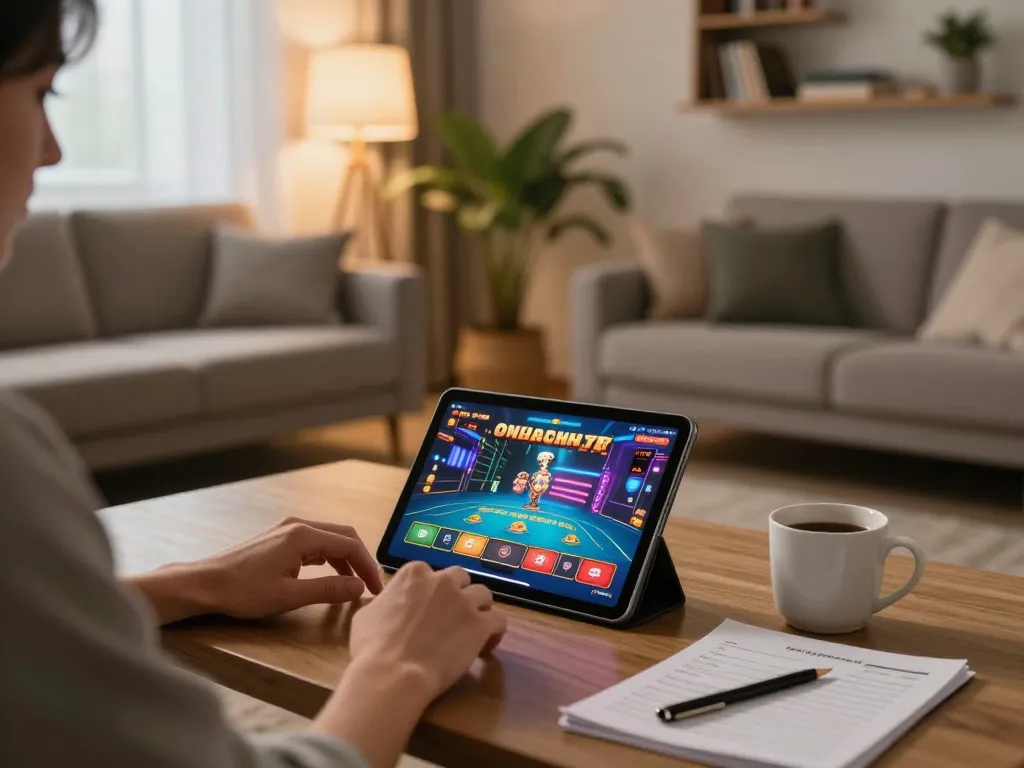 tải b52 club on tablet with engaging mobile gameplay in a cozy home setting