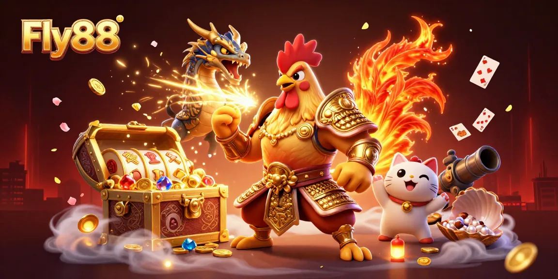 Experience winning with Fly88 as a fighting rooster warrior and armored dragon hatchling amidst an exciting casino scene.