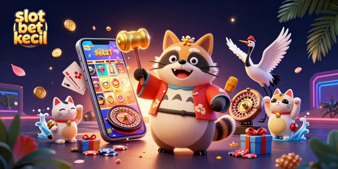 Engage with slot bet kecil through vibrant 3D casino illustration featuring lucky symbols and festive characters.
