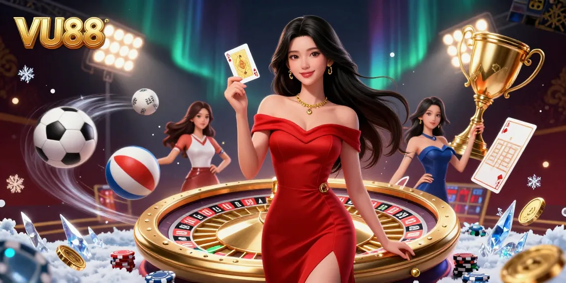 Experience excitement at VU88 with a stunning illustration of a casino atmosphere filled with dynamic gaming elements.