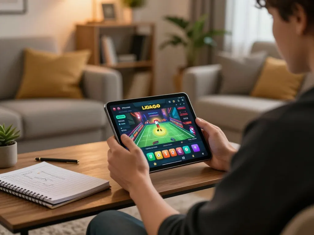 Engaging gameplay on ligalgo app from a cozy living room setup