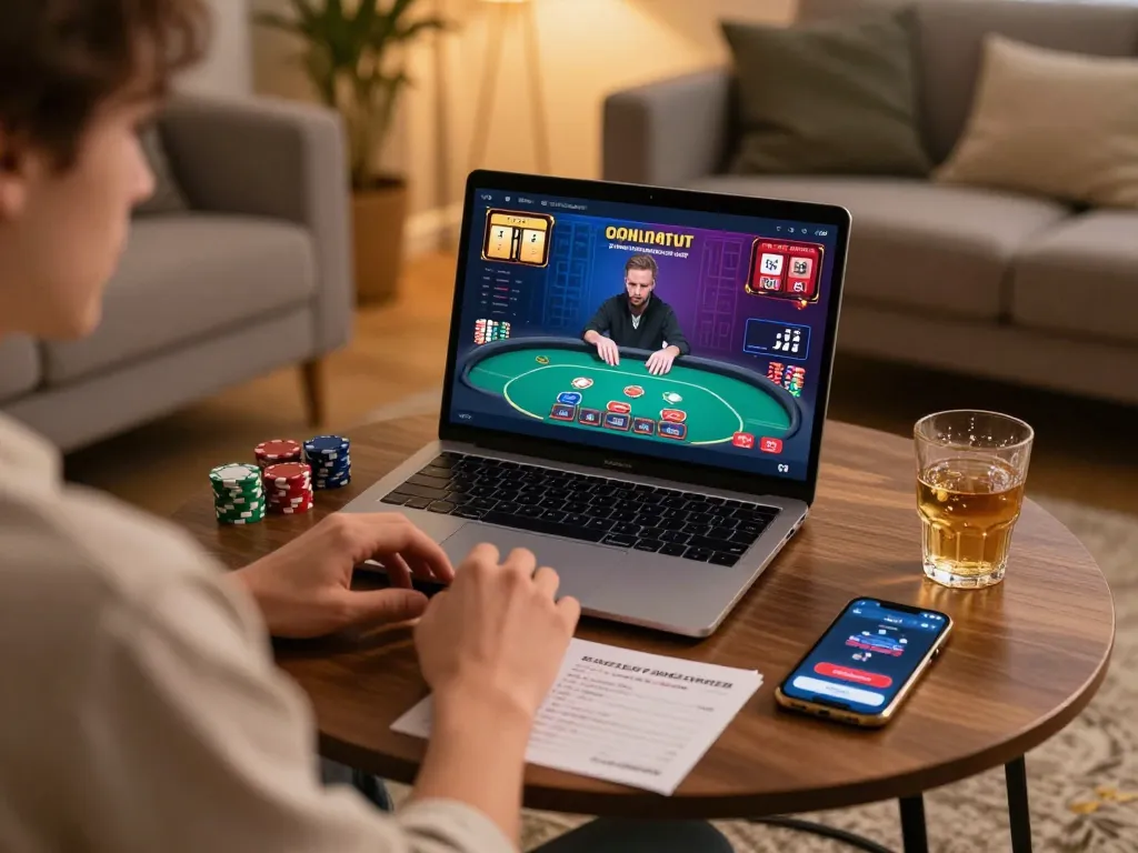 Engaging in online poker at home, experiencing LGOSUPER with strategic gameplay.