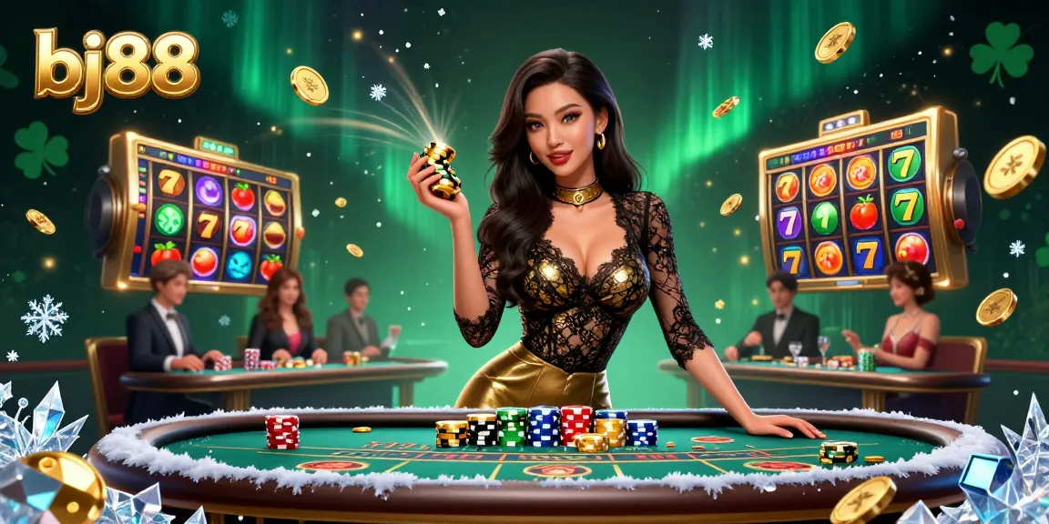 Experience high-stakes gambling at bj88's VIP baccarat table with glamorous Asian woman and busy slot machines.