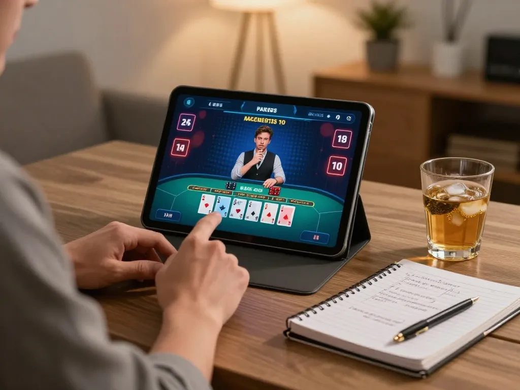 FAFA 828 player strategizing blackjack on tablet in a luxurious home gaming setup.