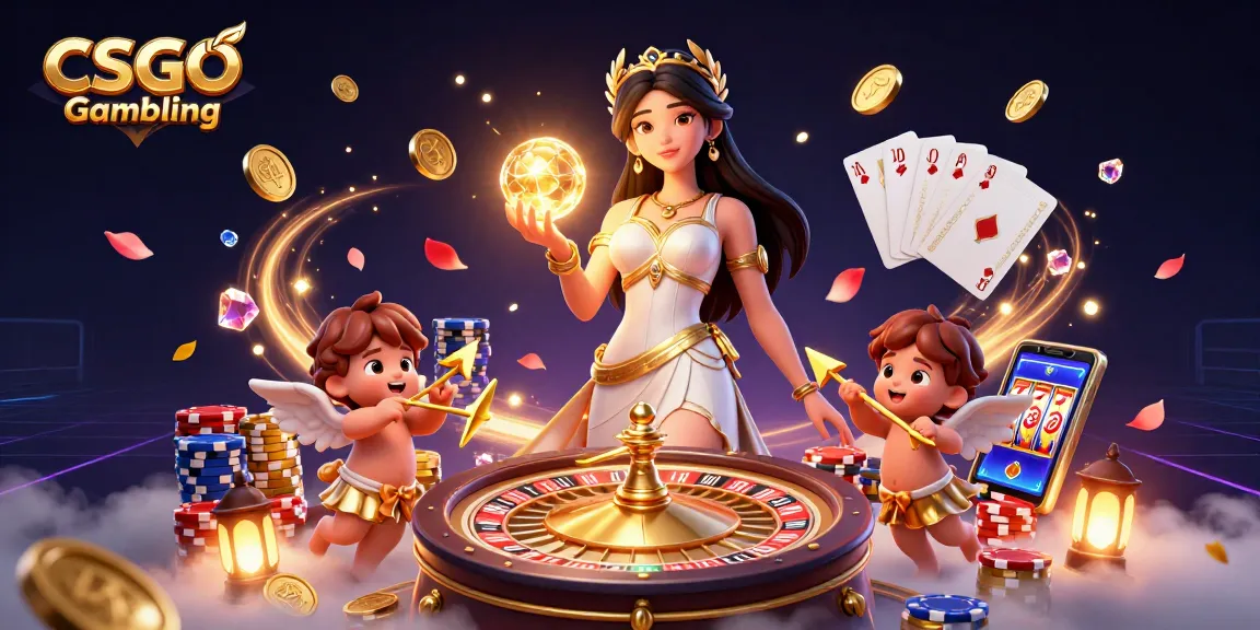 Rasakan Judi CSGO dengan pemandangan cerah dewi yang memegang bola bercahaya dikelilingi oleh elemen permainan.