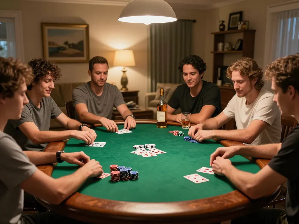 PUB88 poker night with friends enjoying an intense game at the table, showcasing competitive gameplay and camaraderie.