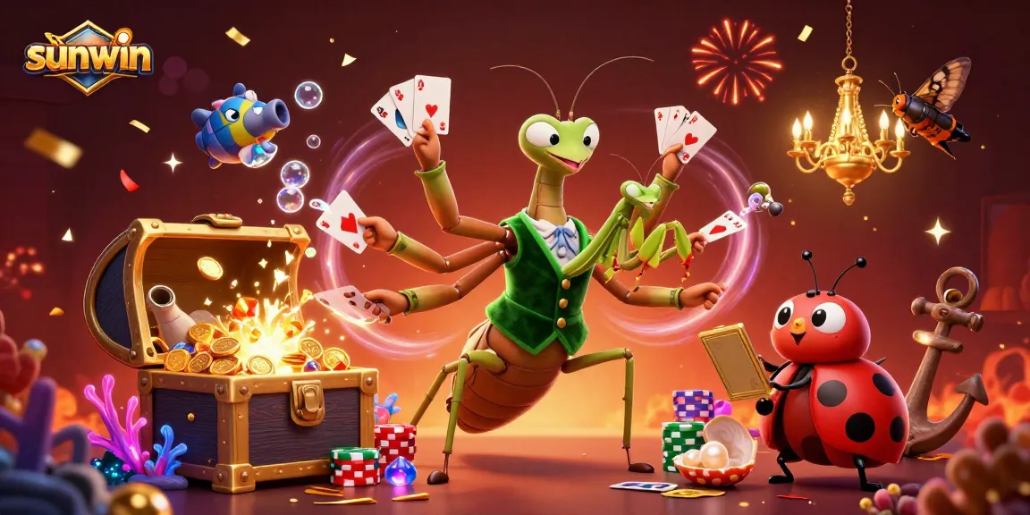 Engage with sunwin's vibrant casino action as a mantis deals cards and chips amidst festive decorations.