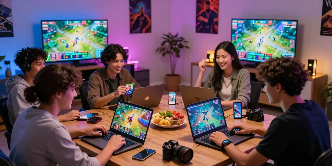 Friends enjoying online games at https://gamebaidoithuong.is/ in a lively gaming setup with snacks and tech.