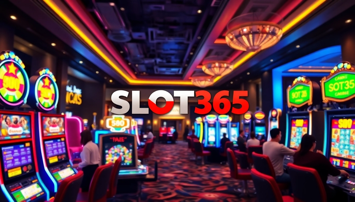 Menggambarkan SLOT365 dalam suasana kasino yang meriah dan dinamis.
