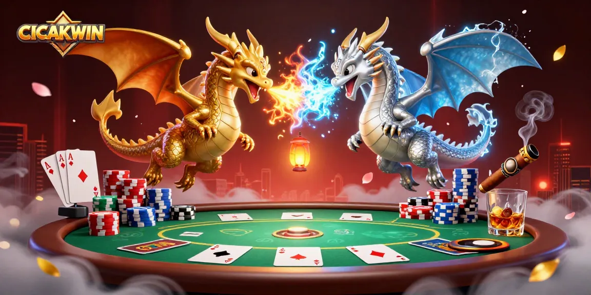 CICAKWIN showcases an epic battle between gold and silver dragons amid vibrant poker elements in an engaging casino scene.