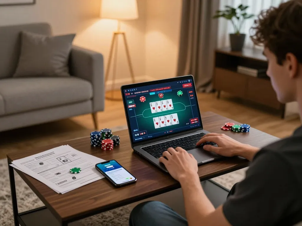 Engaging in online gaming at 789BET while analyzing betting strategies in a cozy home setup.