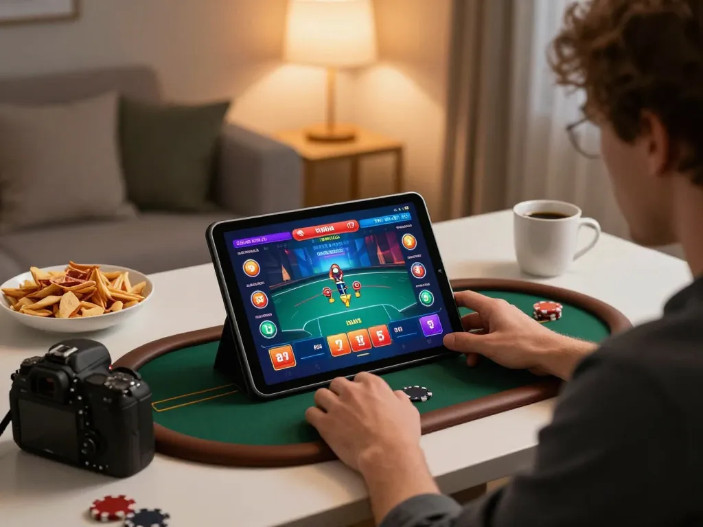 Engaging online poker gameplay at home showcasing excitement on 789WIN tablet interface.