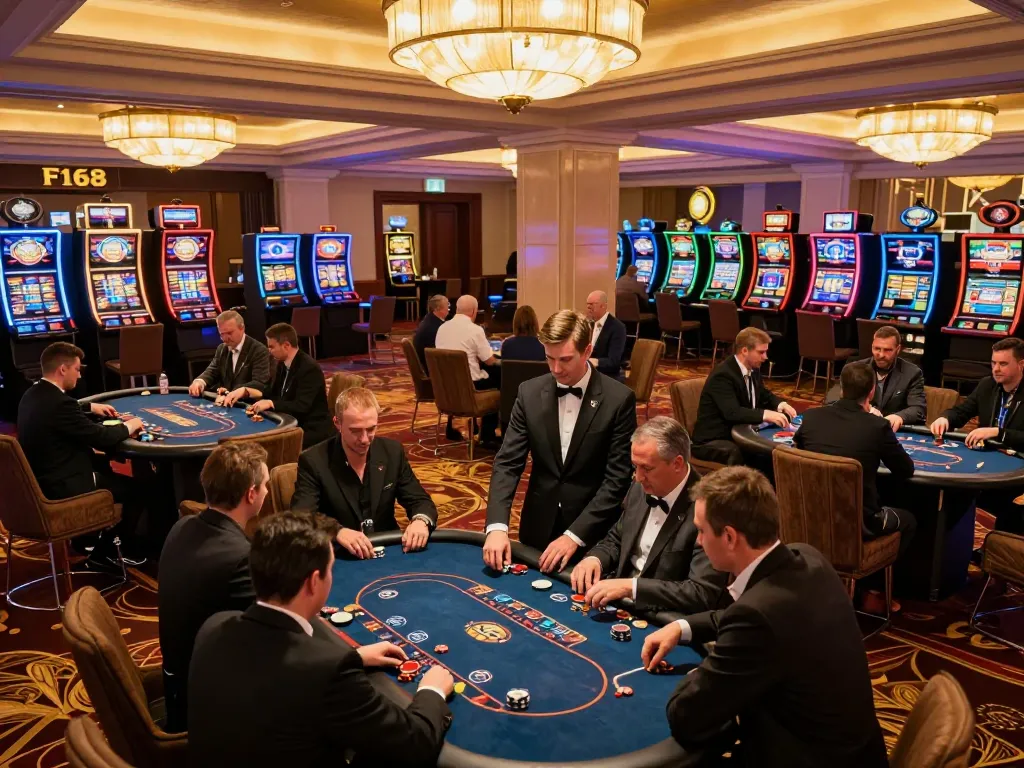 F168 casino floor buzzing with players engaged in poker games, showcasing vibrant atmosphere