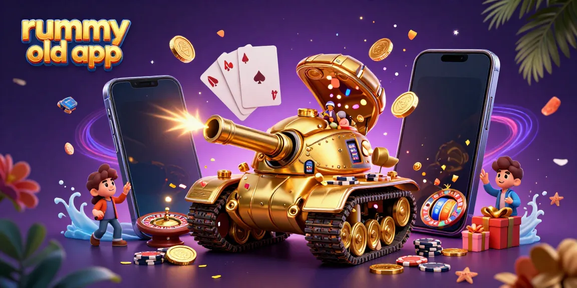 Engage with the rummy old app through an animated scene featuring a vibrant casino tank and gaming elements.