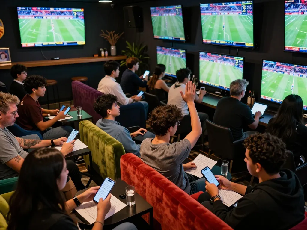 Bet on exciting sports events at 5679 betting lounge with engaged players analyzing odds.
