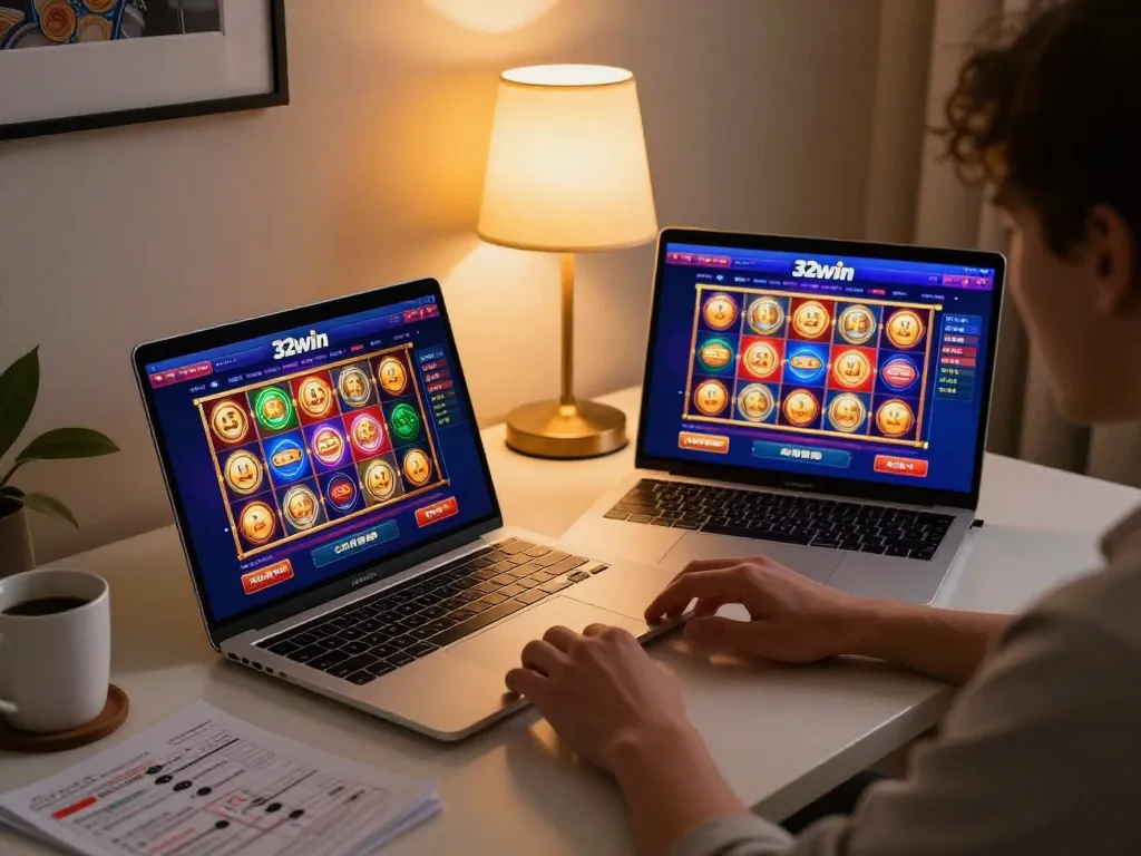 Person engaging with 32win's online casino interface on a laptop, embodying modern home gambling excitement